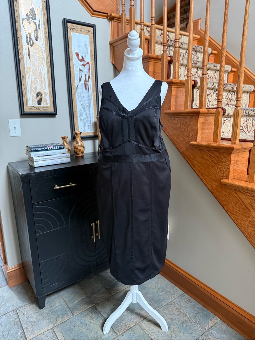 Elegant Black Satin V-Neck Midi Dress